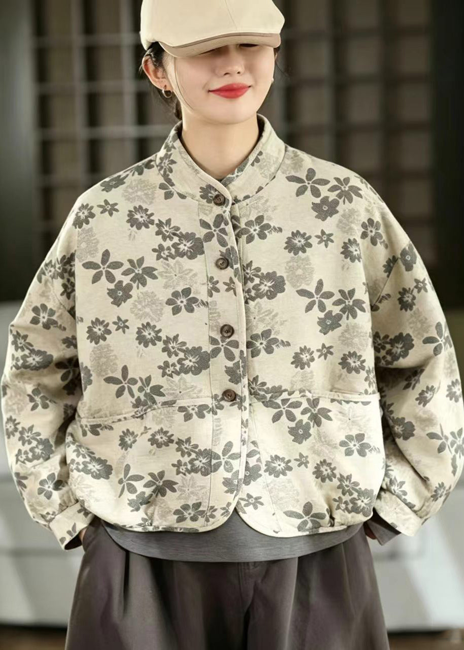 Loose Grey Stand Collar Jacquard Jacket Fall