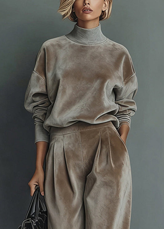 Loose Grey Turtleneck Patchwork pullover And Wide Leg Pants Two Pieces Set Spring