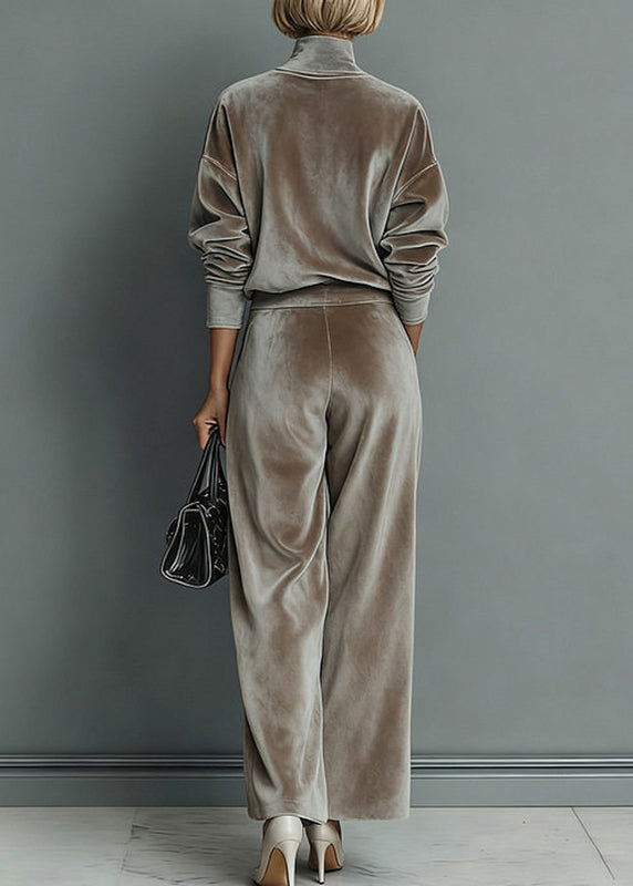 Loose Grey Turtleneck Patchwork pullover And Wide Leg Pants Two Pieces Set Spring