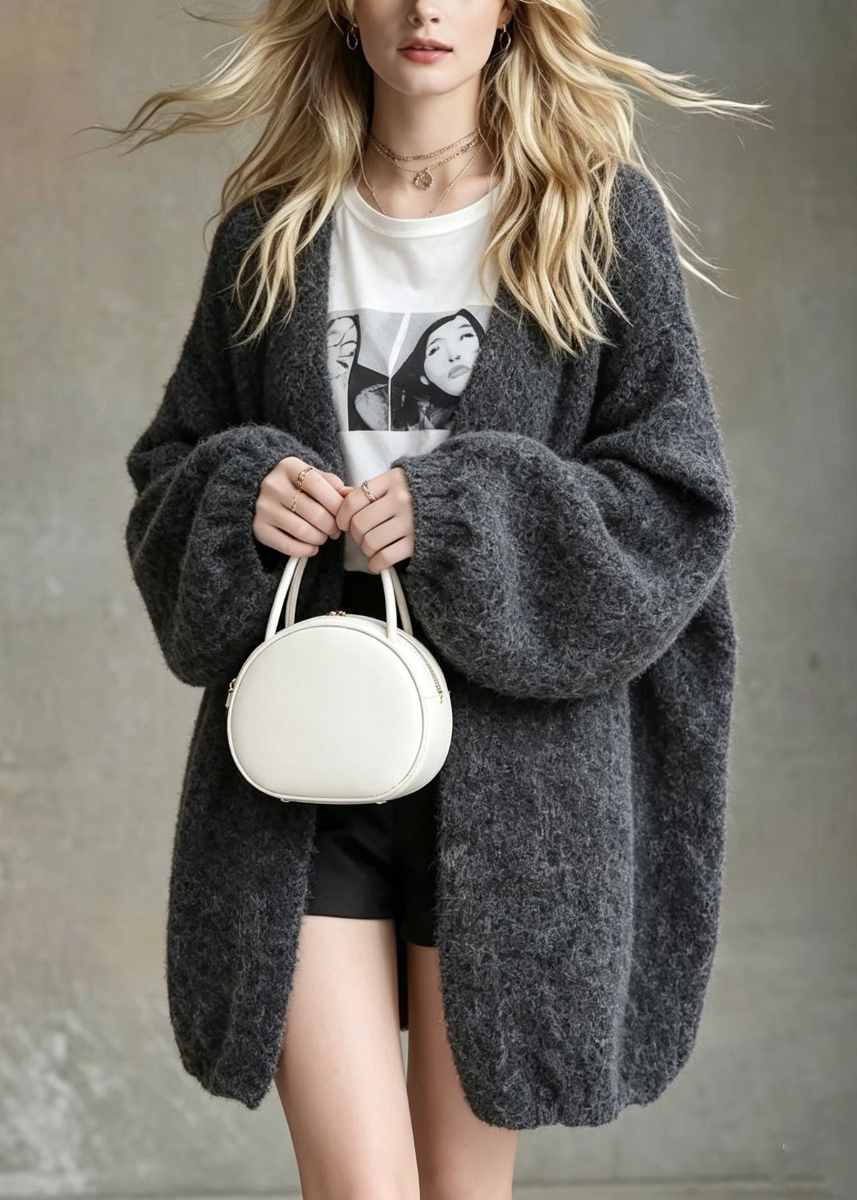 Loose Grey V Neck Patchwork Warm Thick Knit Cardigans Fall