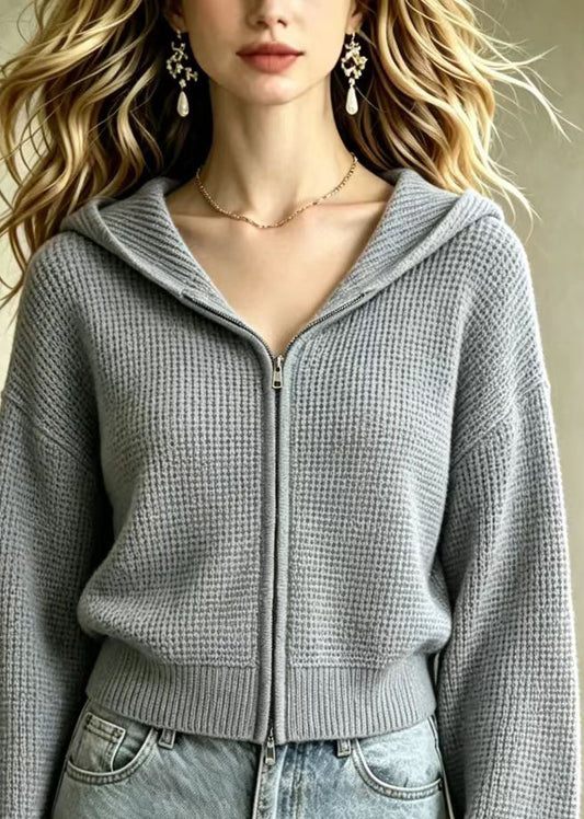 Loose Grey Waffle Hooded Double Zip Knit Cardigans Fall