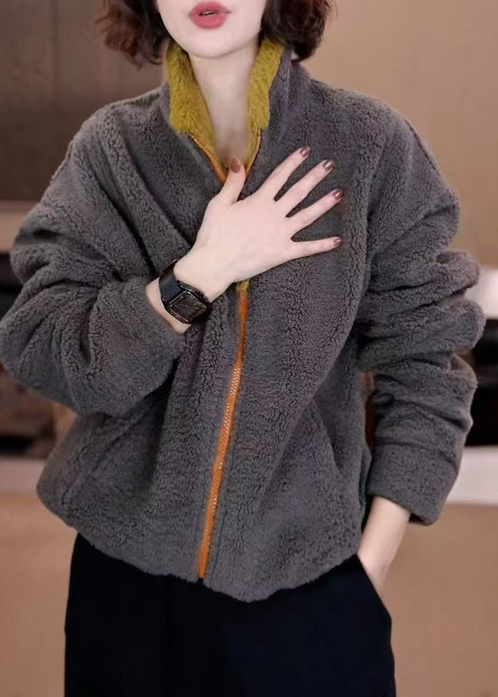 Loose Grey Zip Up Pockets Drawstring Fluffy Coat Spring