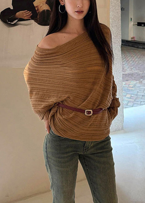 Loose Khaki Cold Shoulder Striped Knit Sweaters Batwing Sleeve
