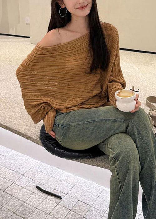 Loose Khaki Cold Shoulder Striped Knit Sweaters Batwing Sleeve