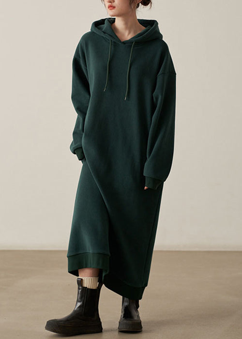 Loose Khaki Hooded Pockets Woolen Long Dresses Fall