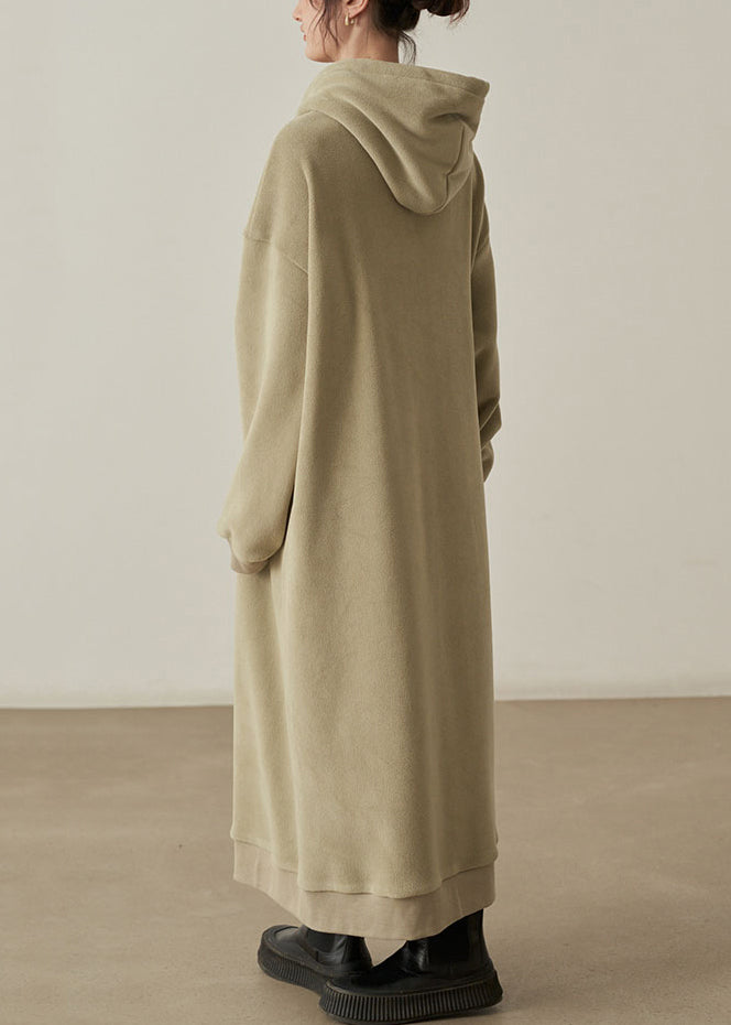 Loose Khaki Hooded Pockets Woolen Long Dresses Fall