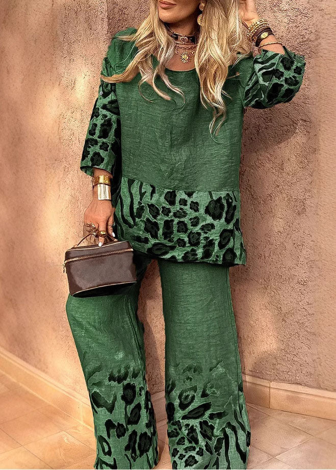 Loose Khaki O-Neck Print Top And Wide Leg Pants Two Pieces Set Three Quarter Sleeve