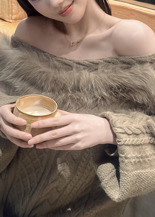 Loose Khaki Slash Neck Fluffy Patchwork Knit Cable Sweater Winter