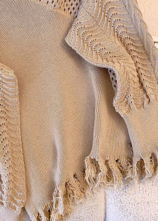 Loose Khaki Tasseled Hollow Out Knit Sweater Fall