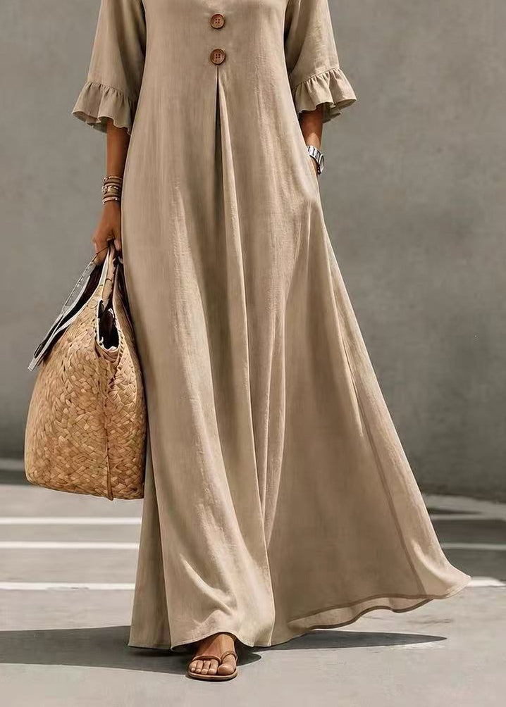 Loose Khaki V Neck Button Exra Large Hem Vacation Dress Fall