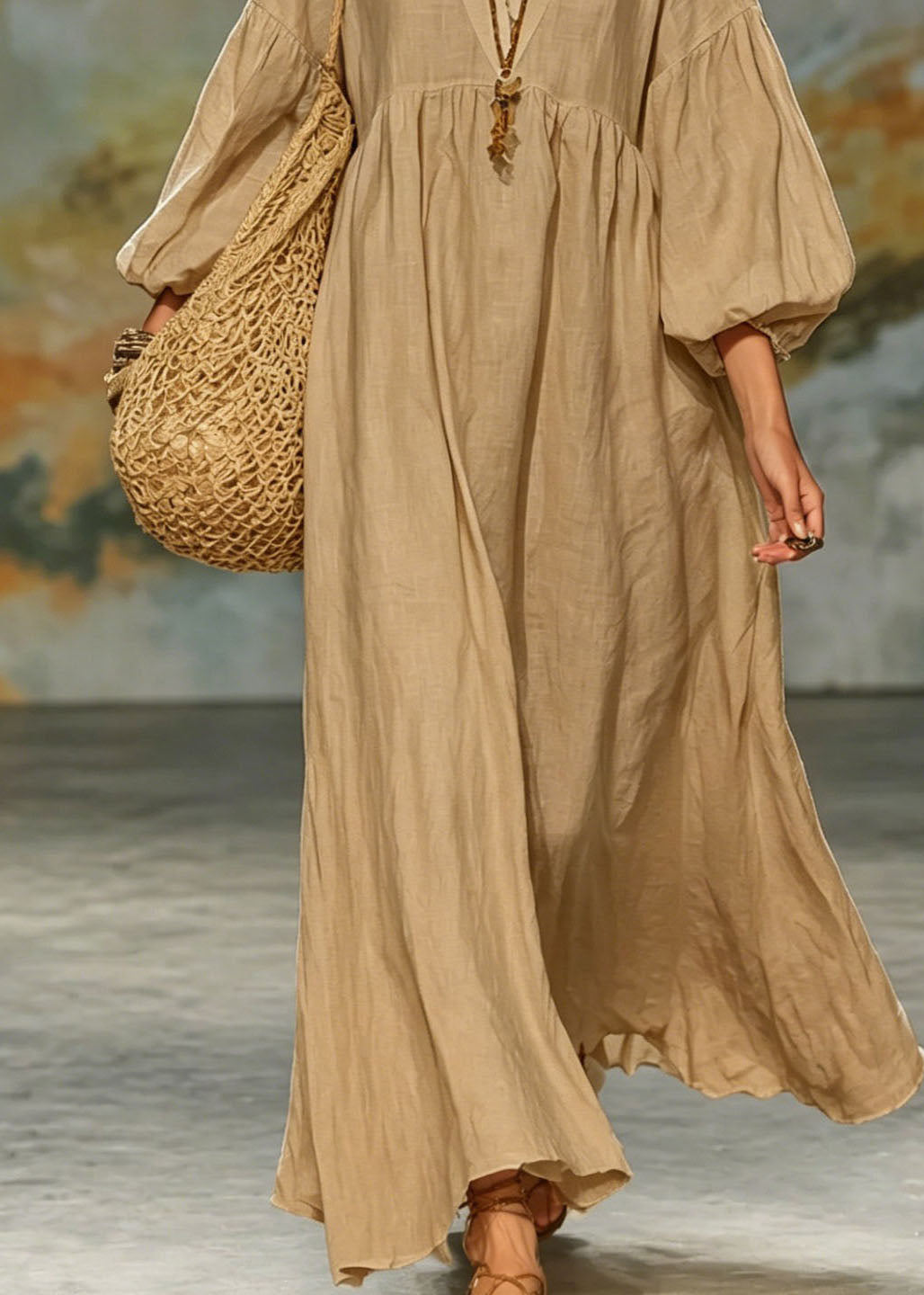 Loose Khaki V Neck Patchwork Cotton Dress Lantern Sleeve