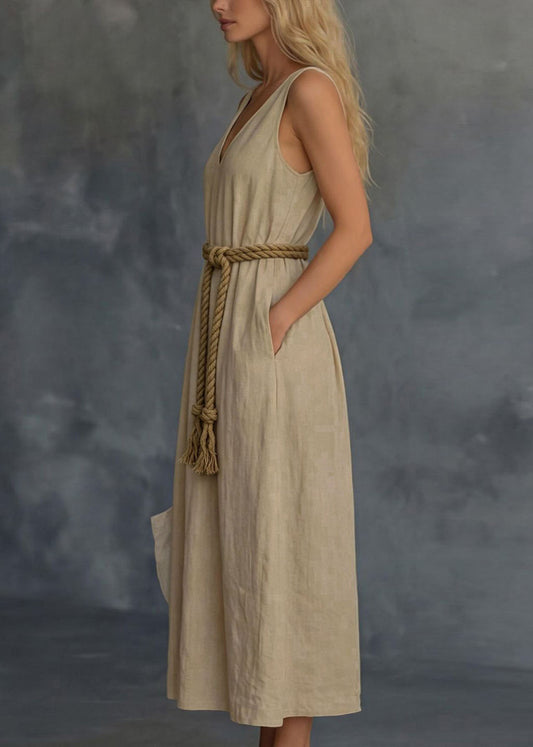 Loose Khaki V Neck Pockets Patchwork Cotton Dress Sleeveless