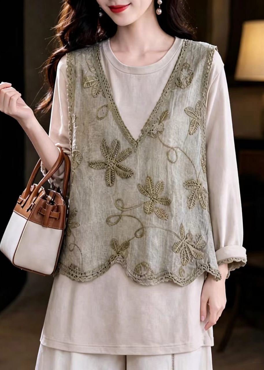 Loose Khaki V Neck Waistcoat Patchwork Fake Two-Piece Blouse Top Fall