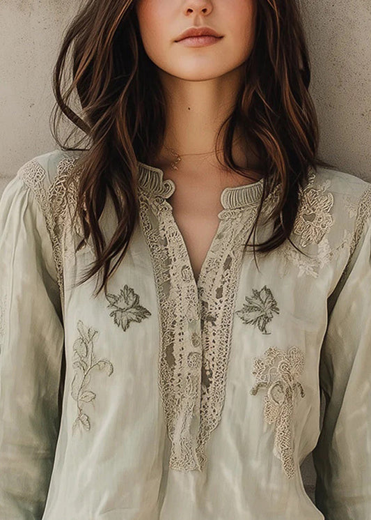 Loose Light Green Embroidered Patchwork Cotton Blouses Fall