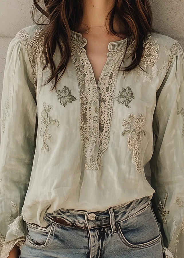 Loose Light Green Embroidered Patchwork Cotton Blouses Fall
