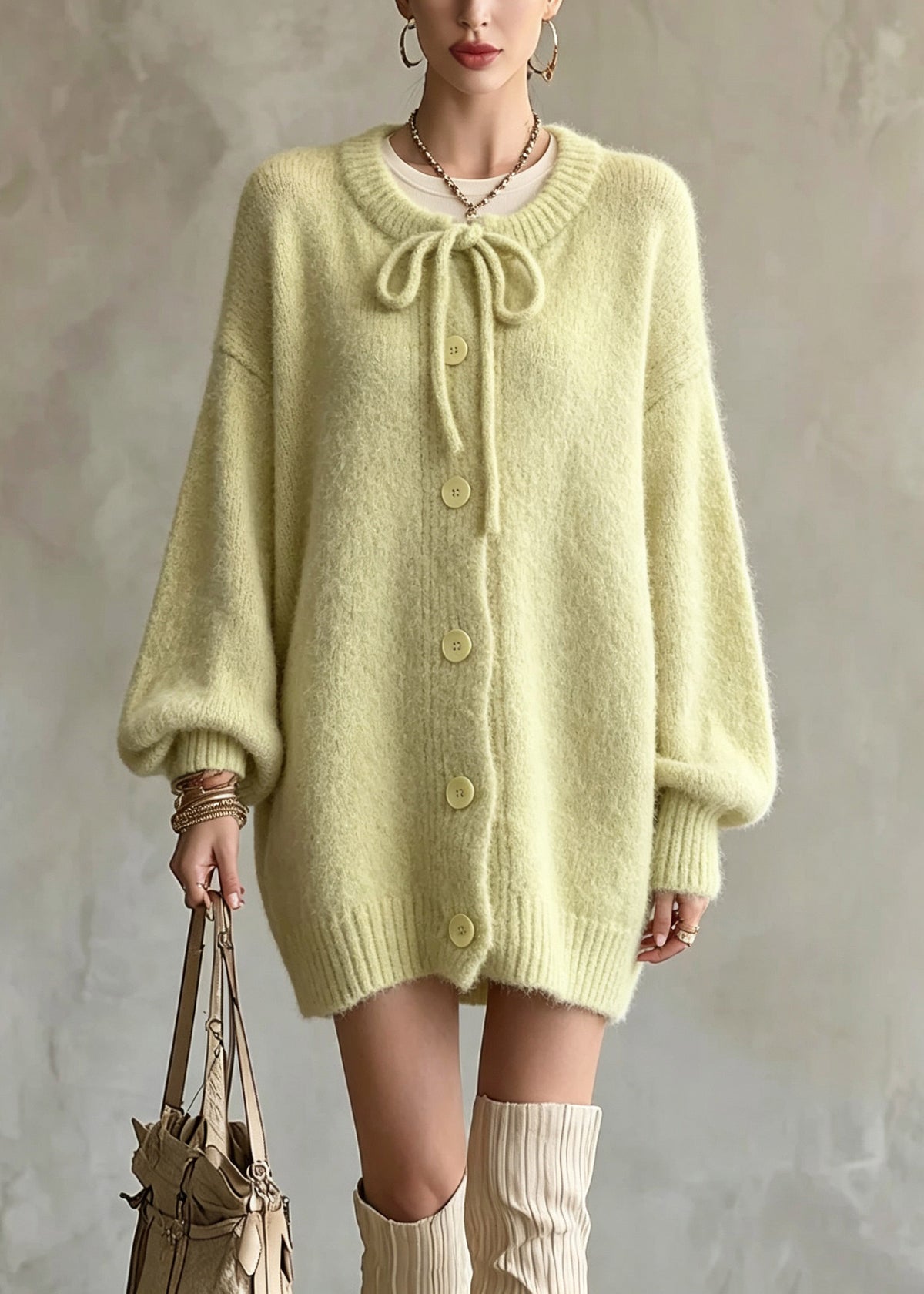 Loose Light Green Tie Lace Solid Cotton Knit Cardigan Fall