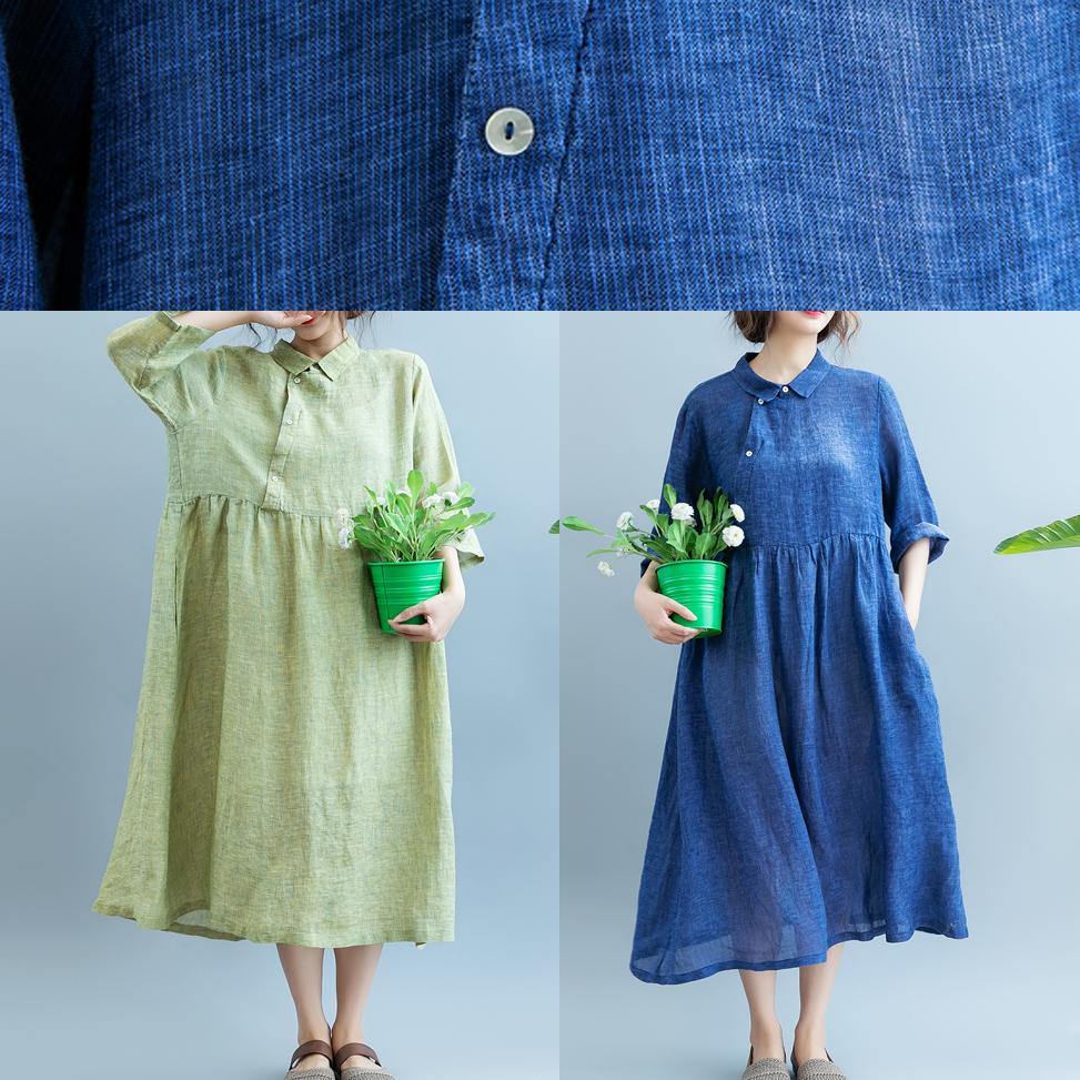 Loose Light Green cotton Quilting Clothes Lapel cotton Summer Dress - SooLinen