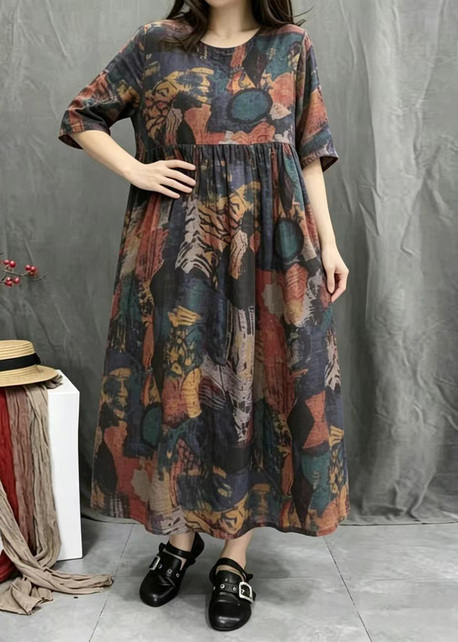 Loose Multicolor Print O-Neck Exra Large Hem Dress Summer