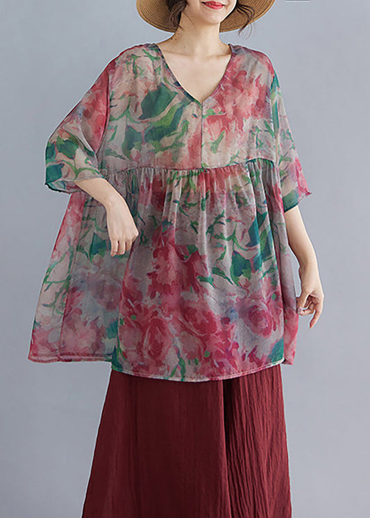 Loose Multicolor V Neck Print Babydoll Shirt Summer
