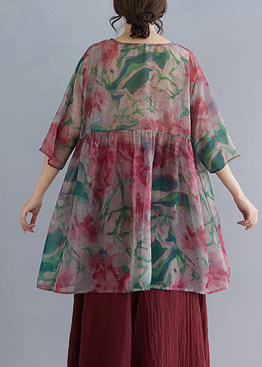 Loose Multicolor V Neck Print Babydoll Shirt Summer