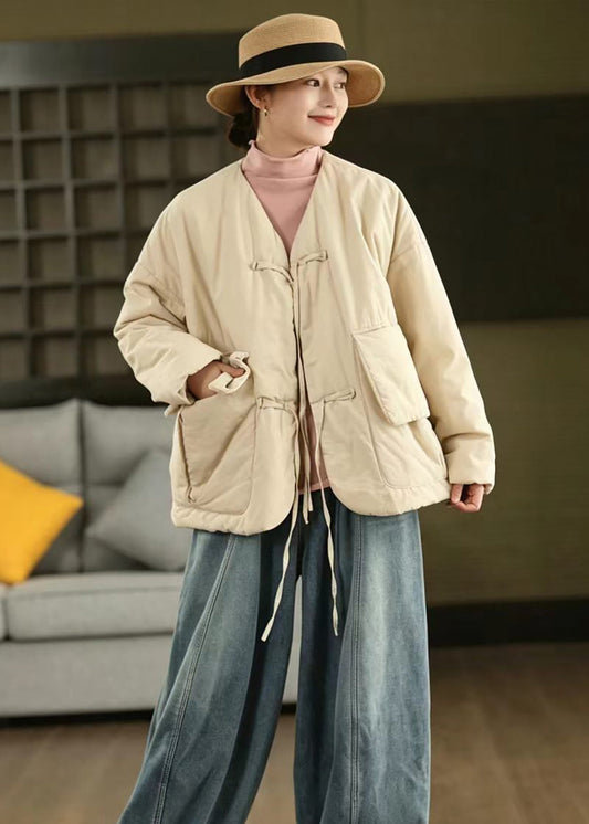 Loose Mustard Yellow V Neck Lace Up Big Pockets Cotton Filled Puffer Jacket Winter