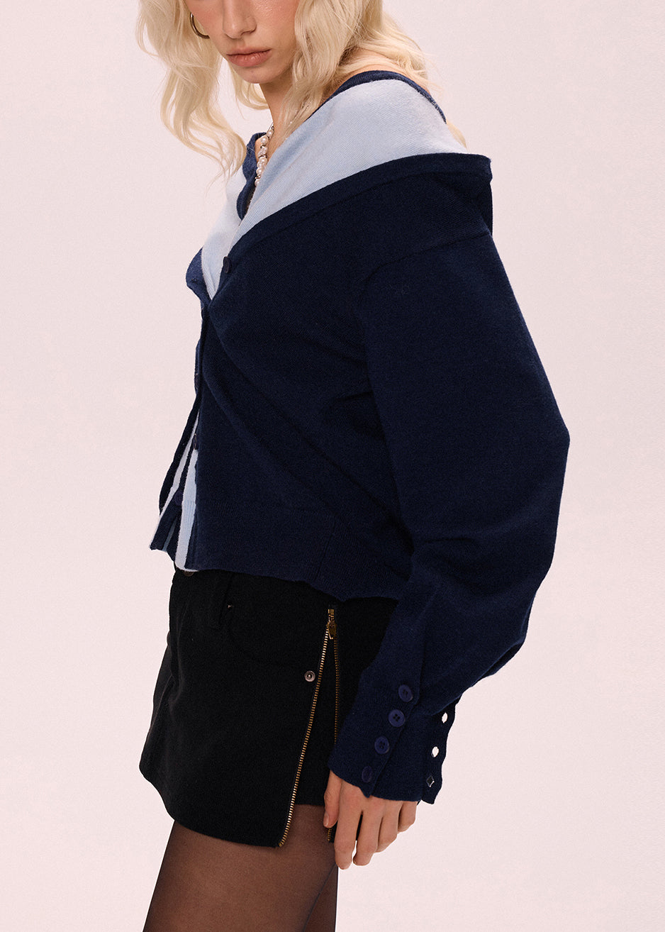 Loose Navy Button False Two Pieces Patchwork Knit Sweater Fall