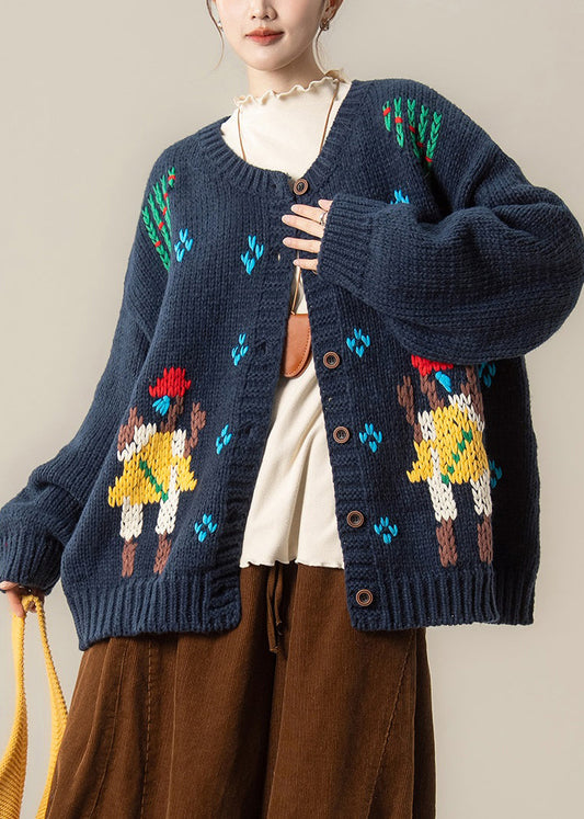 Loose Navy Embroidered Button Knit Coats Spring