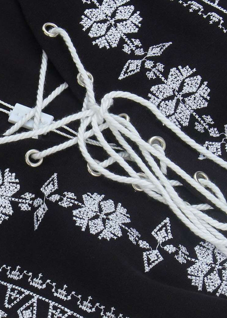 Loose Navy Embroidered Lace Up Cotton Mid Dress Bracelet Sleeve