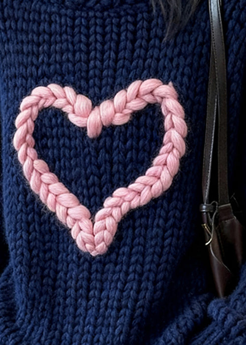 Loose Navy O Neck Loving Heart Cozy Knit Sweater Winter