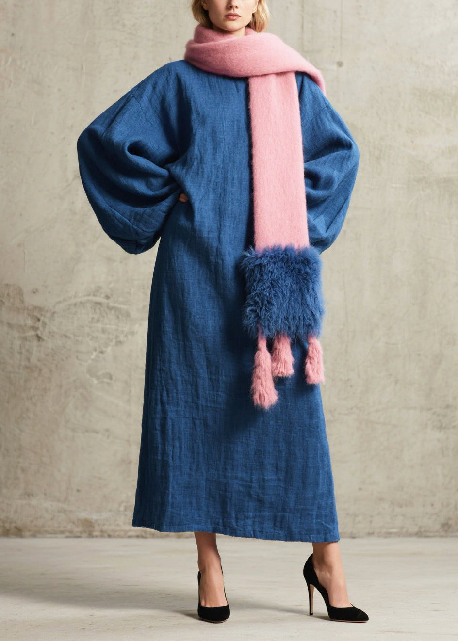 Loose Navy Oversized Cotton Robe Dresses Lantern Sleeve