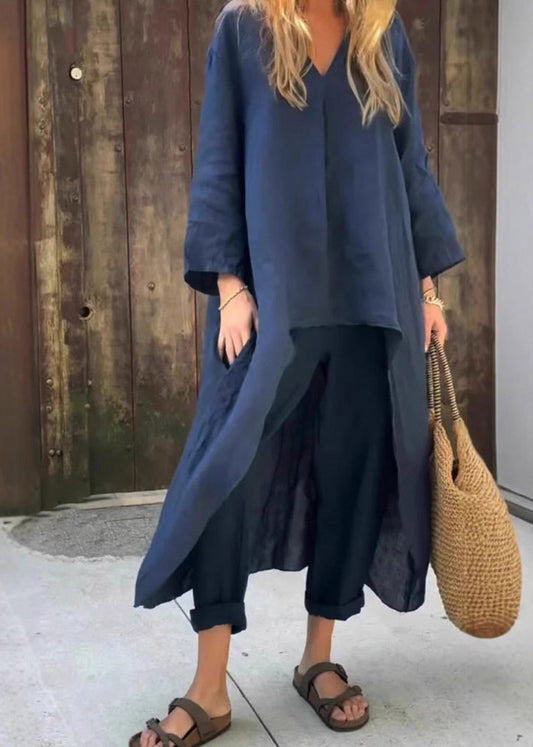 Loose Navy Patchwork Solid Shirts And Harem Pants Two Pieces Set Fall