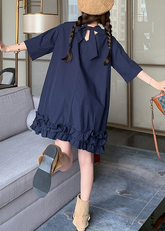 Loose Navy Ruffled Pockets Lace Up Cotton Dresses Half Sleeve
