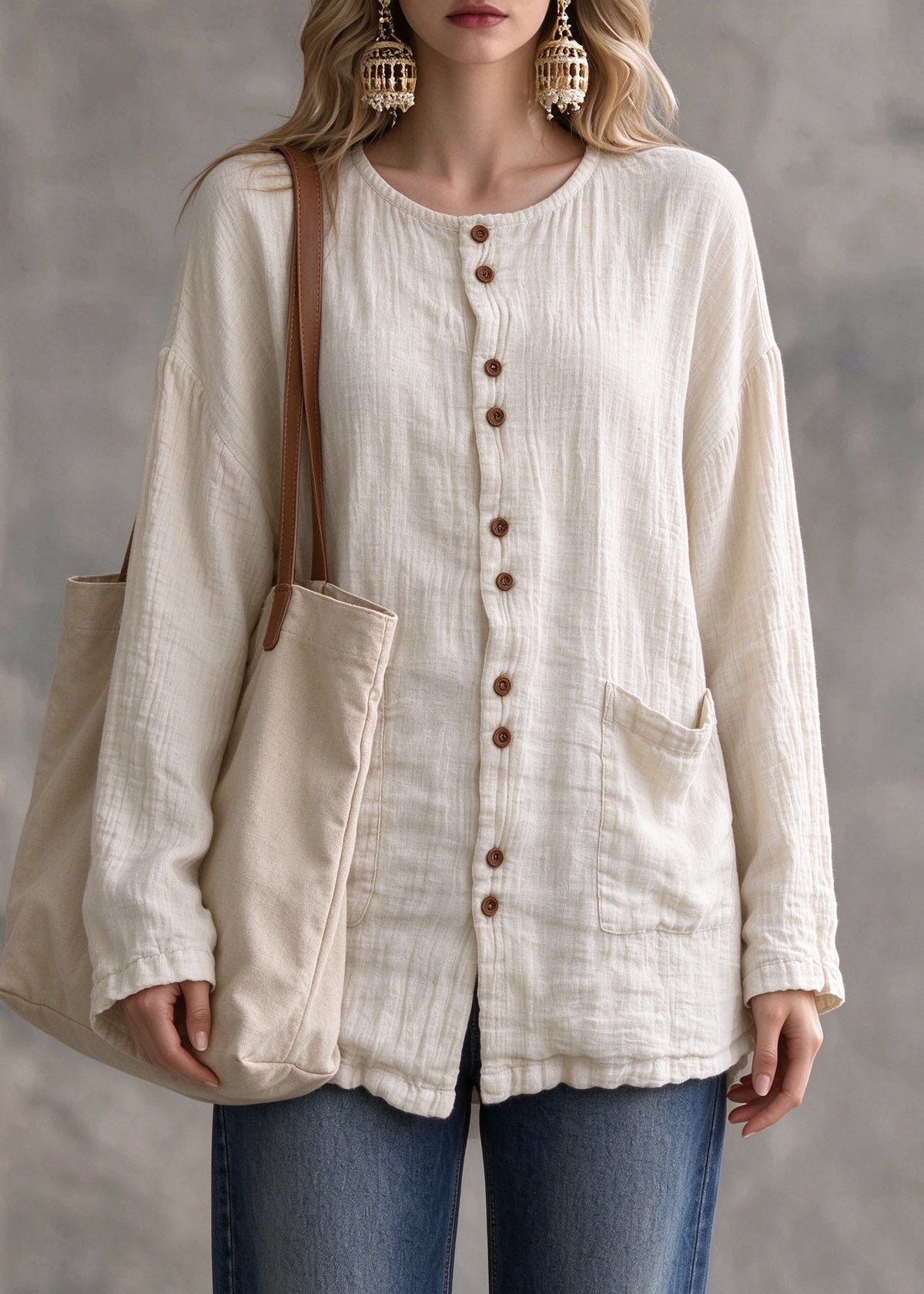 Loose O-Neck Patchwork Button Solid Linen Shirt Fall