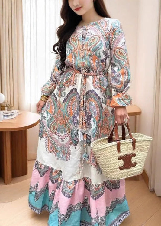 Loose O Neck Print Tie Waist Patchwork Cotton Shirts Dresses Spring