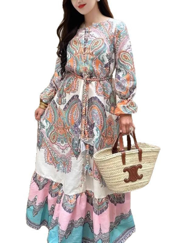 Loose O Neck Print Tie Waist Patchwork Cotton Shirts Dresses Spring