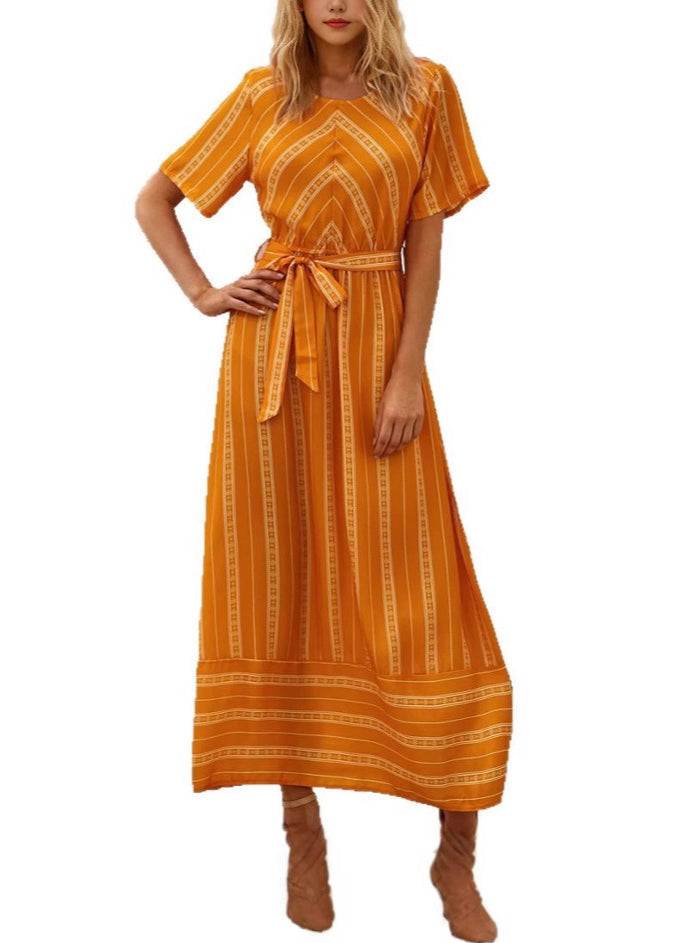 Loose Orange O Neck Striped Tie Waist Cotton Long Dress Summer