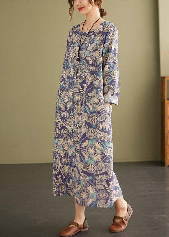 Loose Photo Color O-Neck Print Pockets Dress Long Sleeve