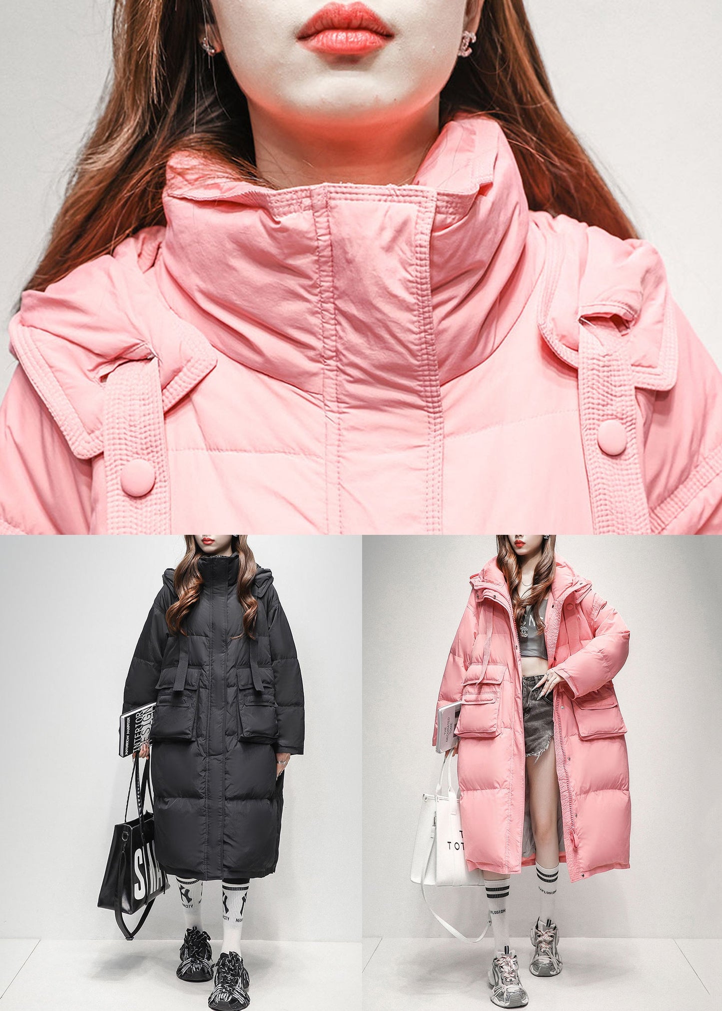 Loose Pink Hooded Pockets Duck Down Long Puffer Coat Winter