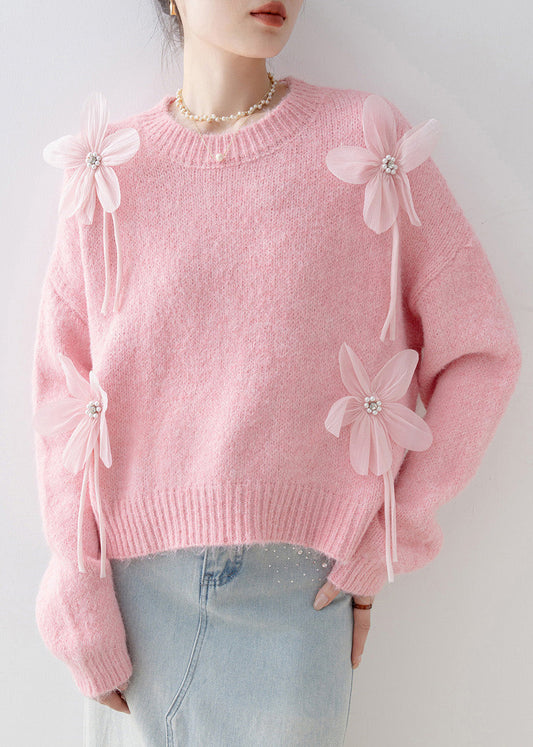 Loose Pink O Neck Nail Bead Knit Sweaters Spring