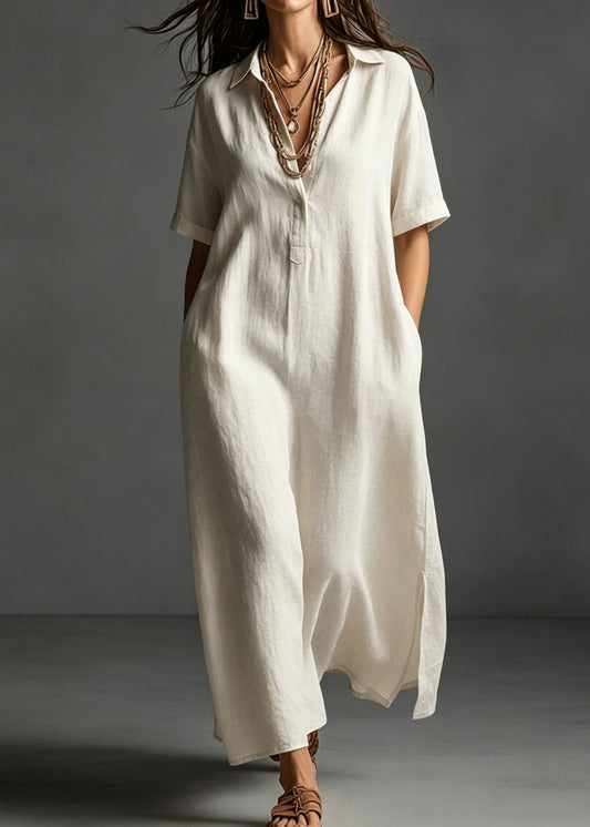 Loose Pink Peter Pan Collar Pockets Cotton Maxi Dresses Summer