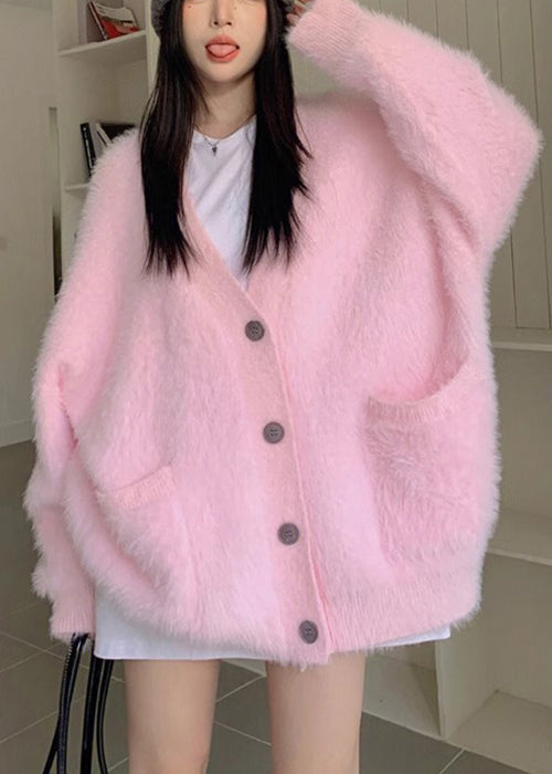 Loose Pink V Neck Button Solid Knit Cardigan Fall
