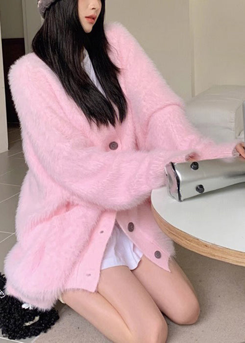 Loose Pink V Neck Button Solid Knit Cardigan Fall