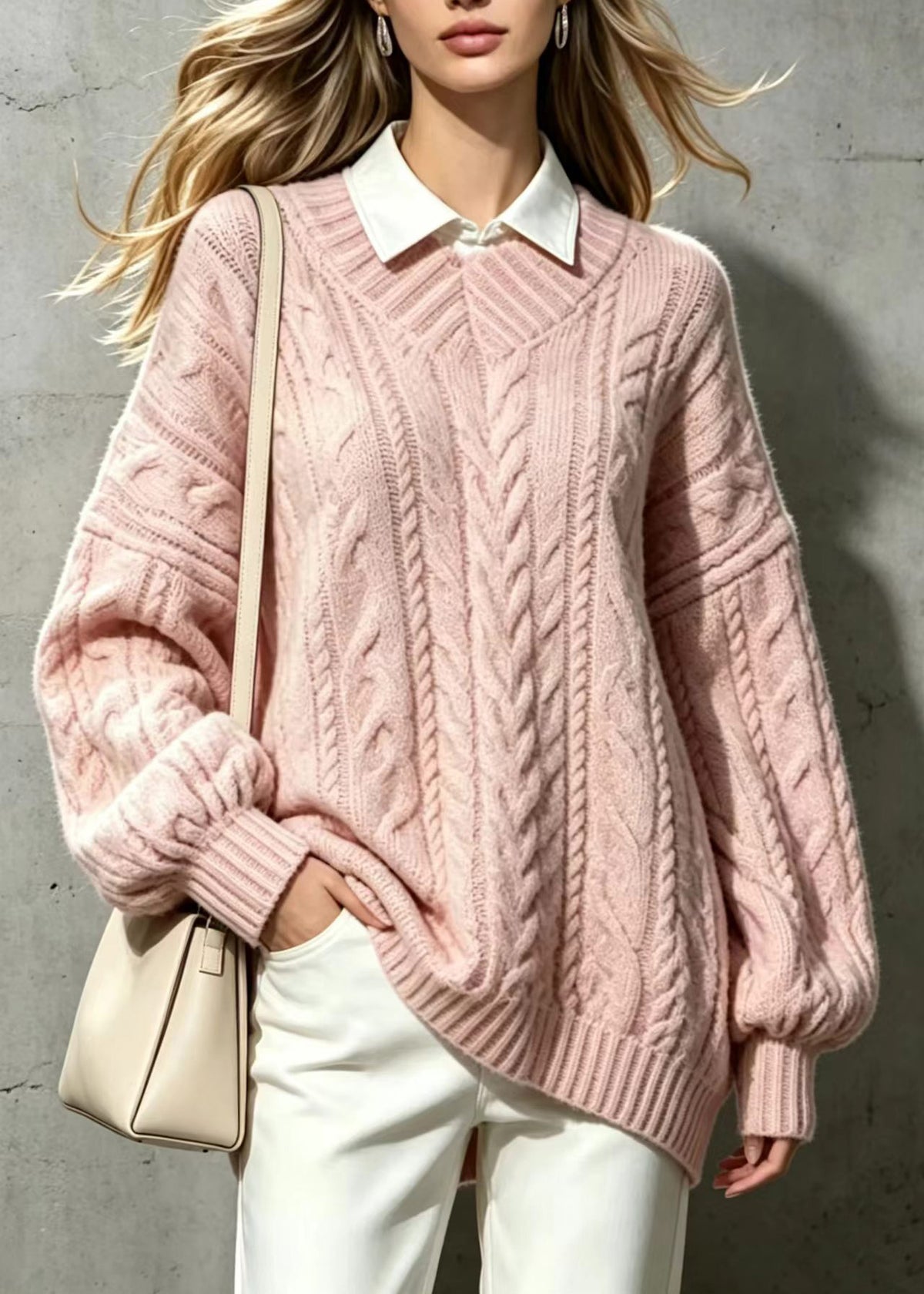 Loose Pink V Neck Cable Knit Sweater Tops Fall