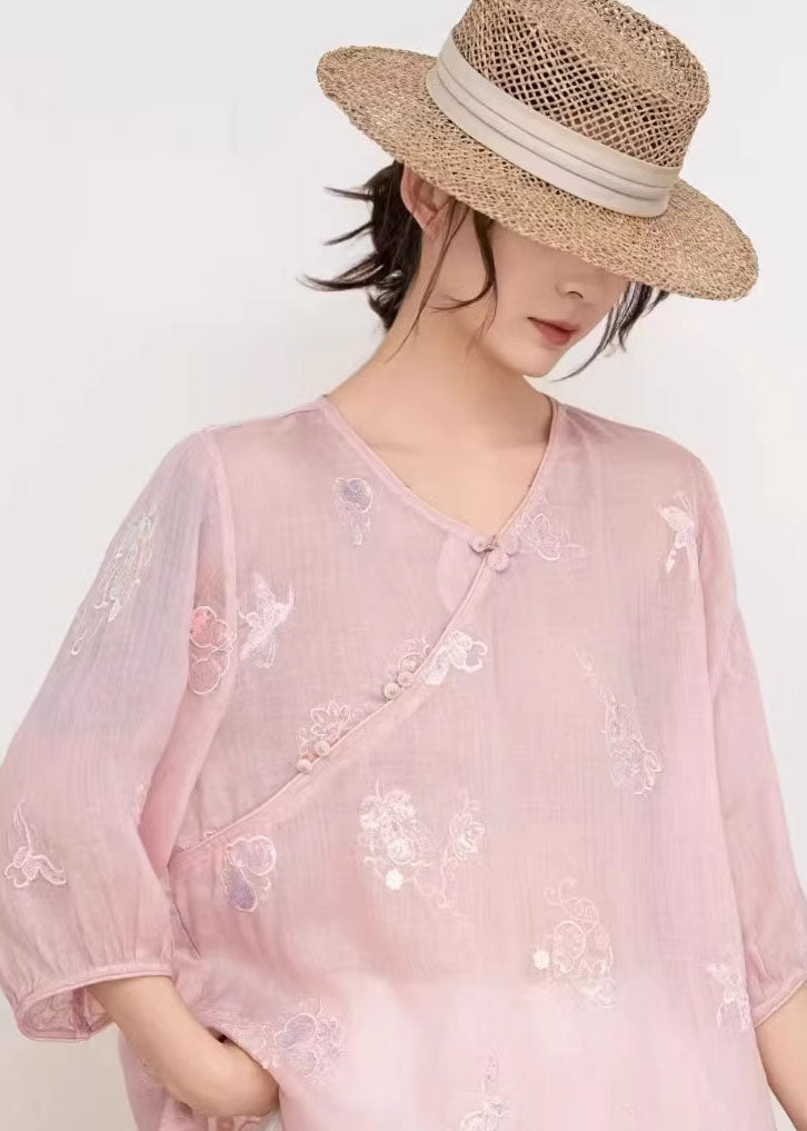 Loose Pink V Neck Embroidered Linen T Shirts Summer