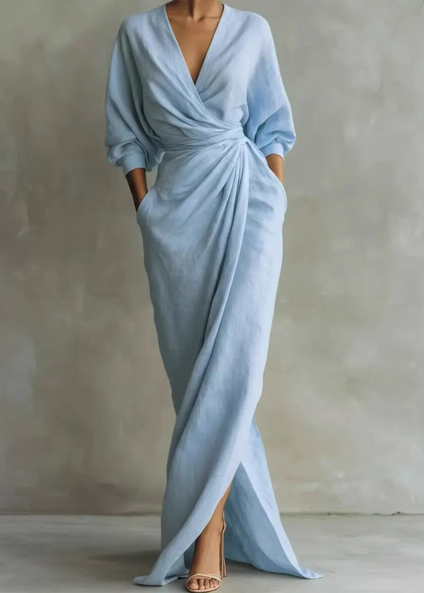 Loose Pink V Neck Patchwork Tunic Maxi Dress Fall