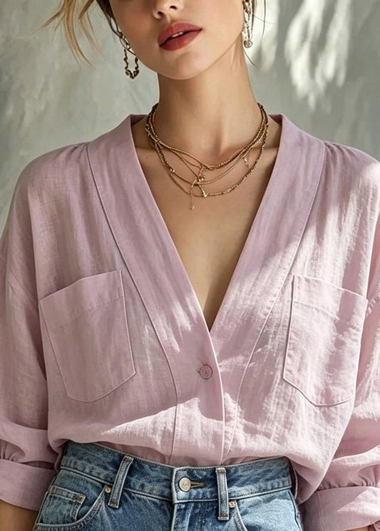 Loose Pink V Neck Pockets Shirt Long Sleeve