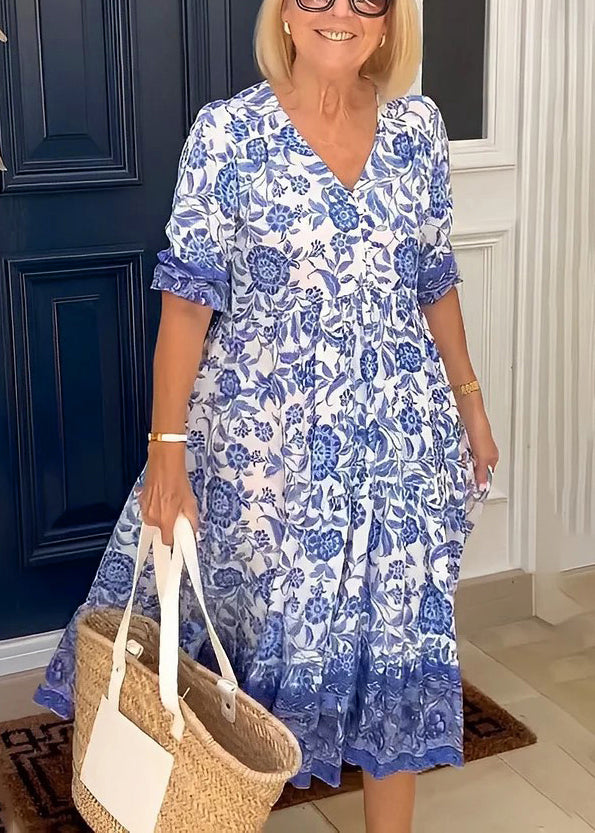 Loose Pink V Neck Print Cotton Long Dress Summer