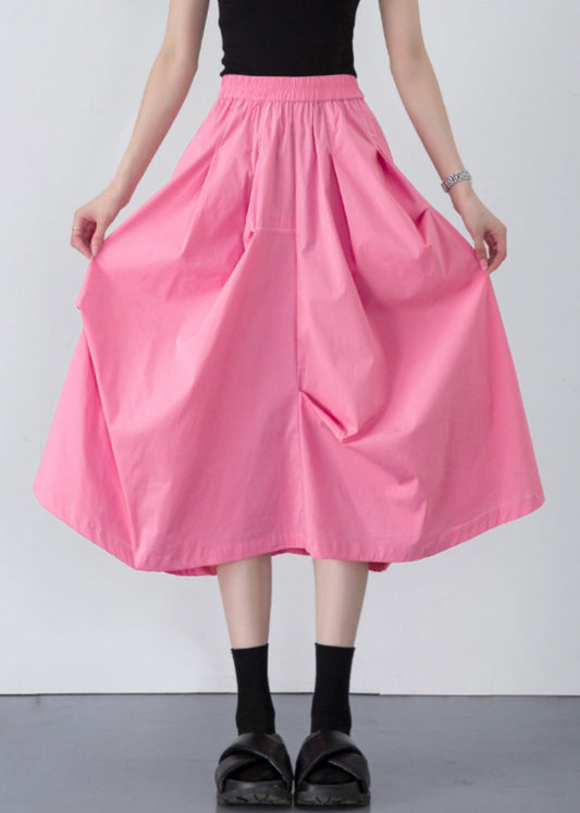 Loose Pink Wrinkled Pockets Solid Cotton Skirt Summer
