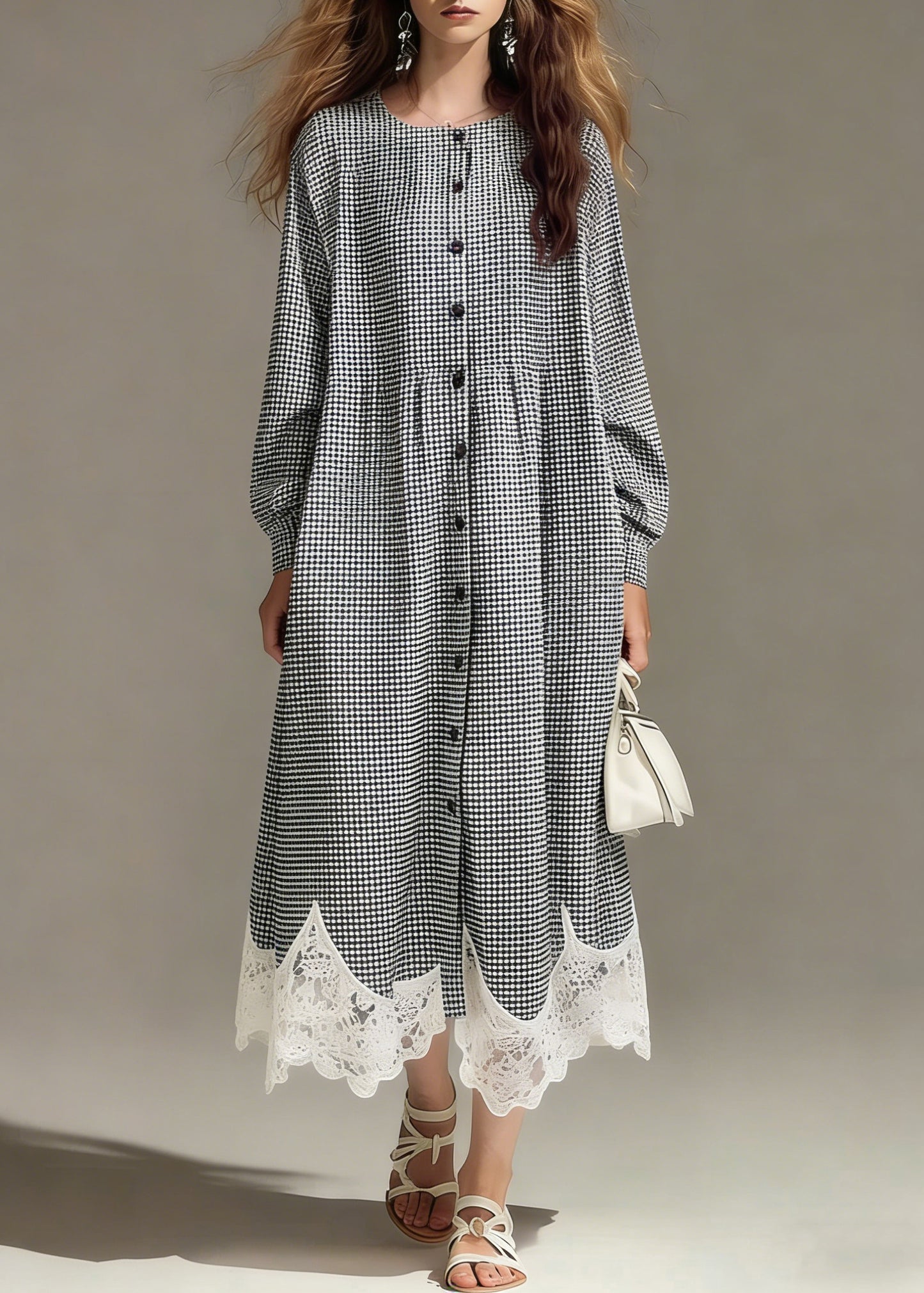 Loose Plaid Button Lace Patchwork Cotton Shirts Dress Spring