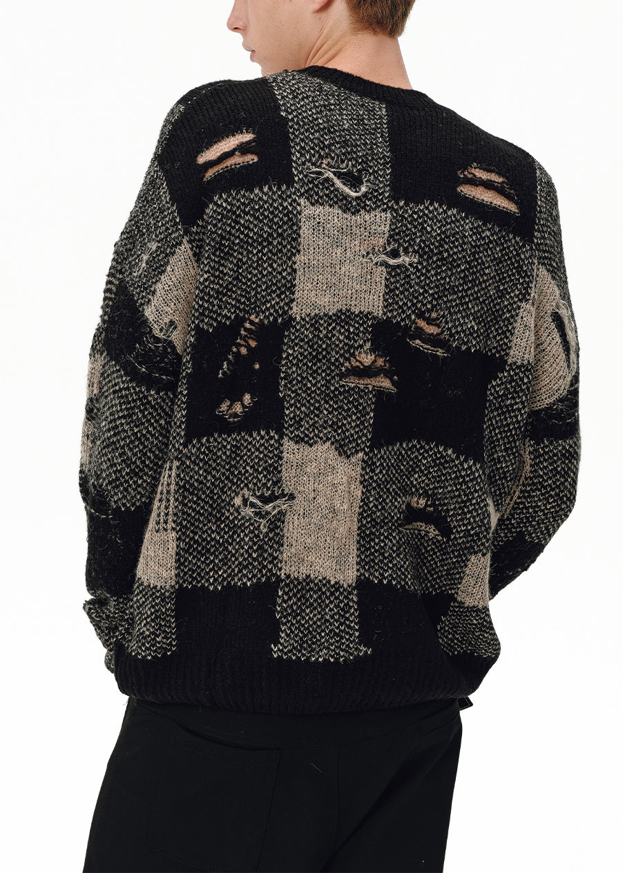 Loose Plaid Hole Patchwork Knit Men Sweater Tops Fall